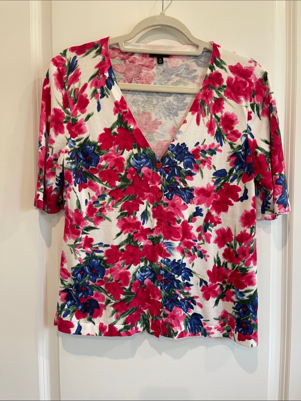 Talbots Floral V-Neck Short Sleeve Blouse - White, Pink & Blue